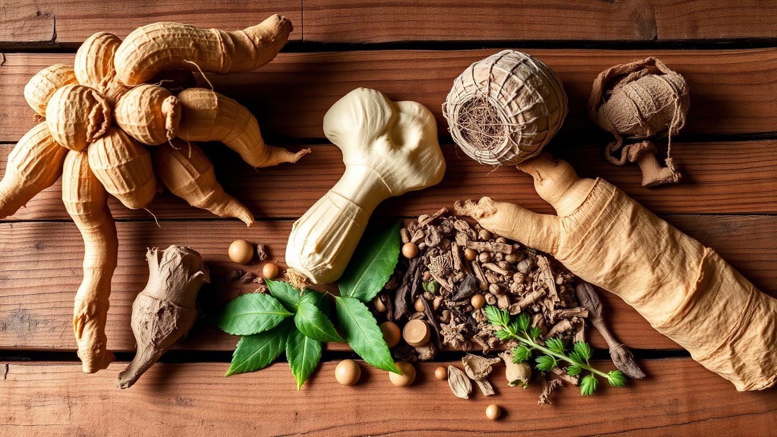 Raíces adaptógenas —ashwagandha, ginseng, rhodiola— sobre madera rústica
