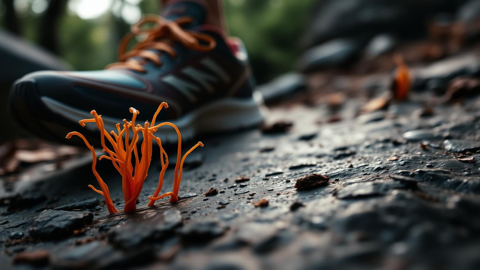 Cordyceps anaranjado emergiendo del suelo con una zapatilla deportiva de fondo