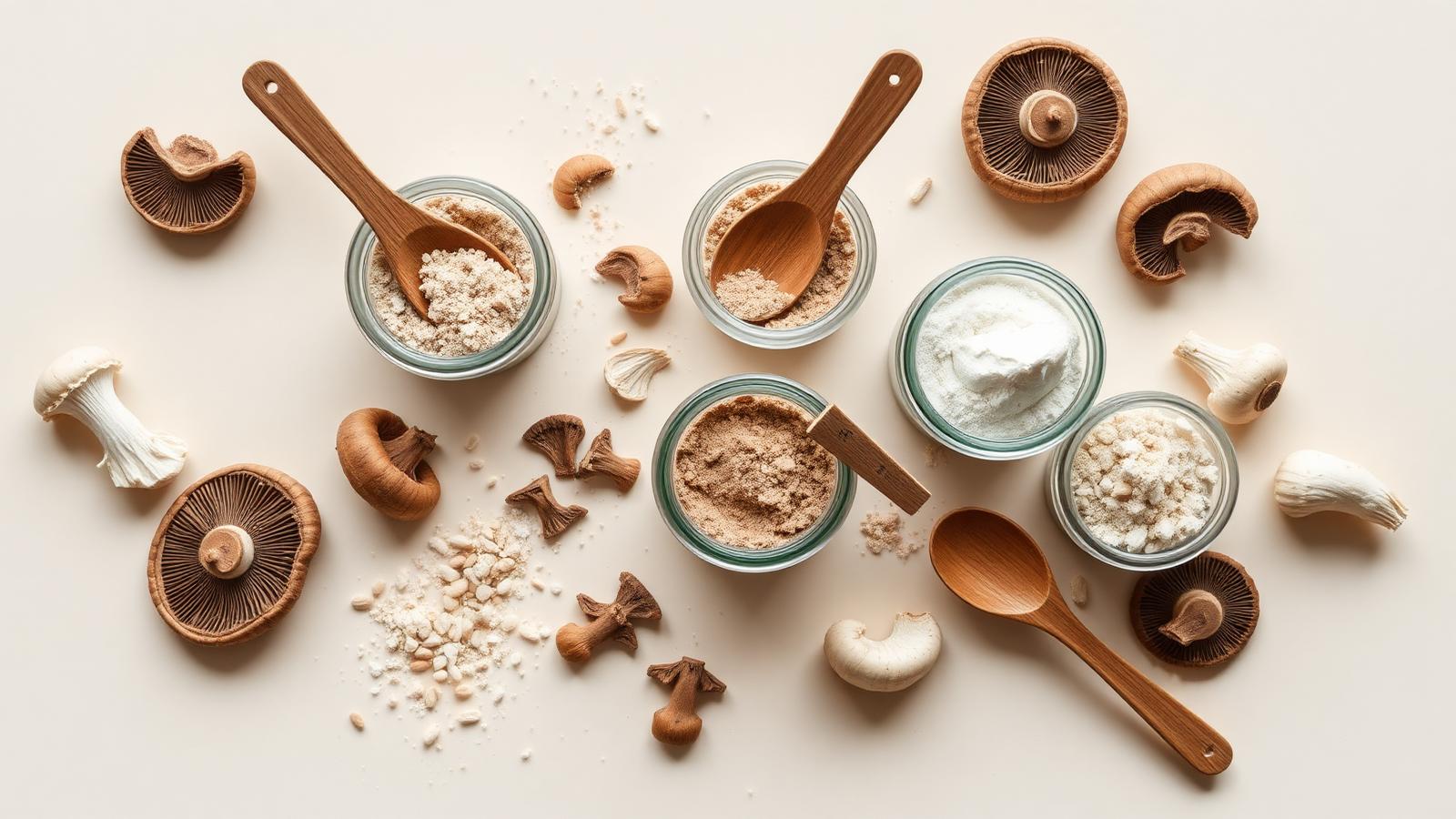 Frascos con polvo de hongos funcionales y cucharas de madera en flat lay
