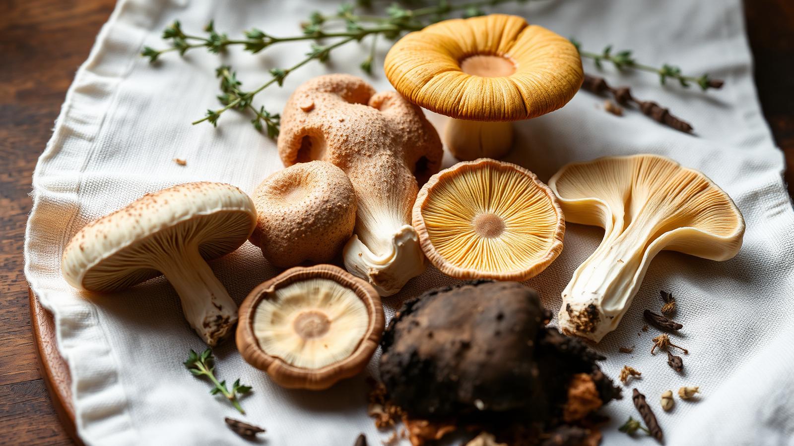 Variedad de hongos funcionales sobre lienzo natural con hierbas