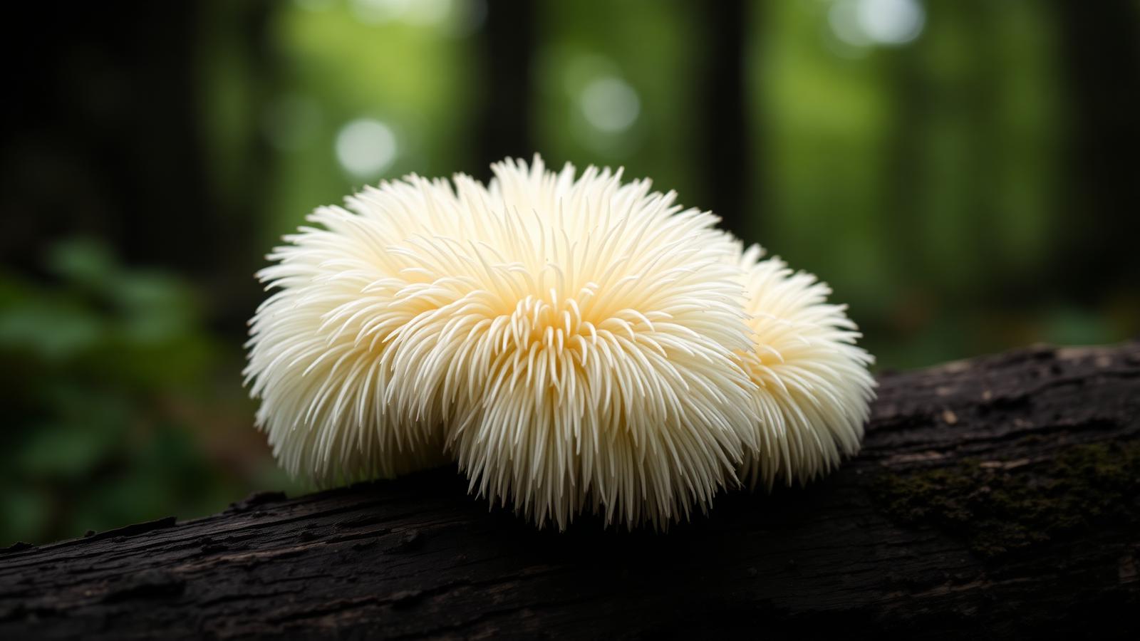 Melena de León (Hericium erinaceus) con espinas blancas colgando de un tronco