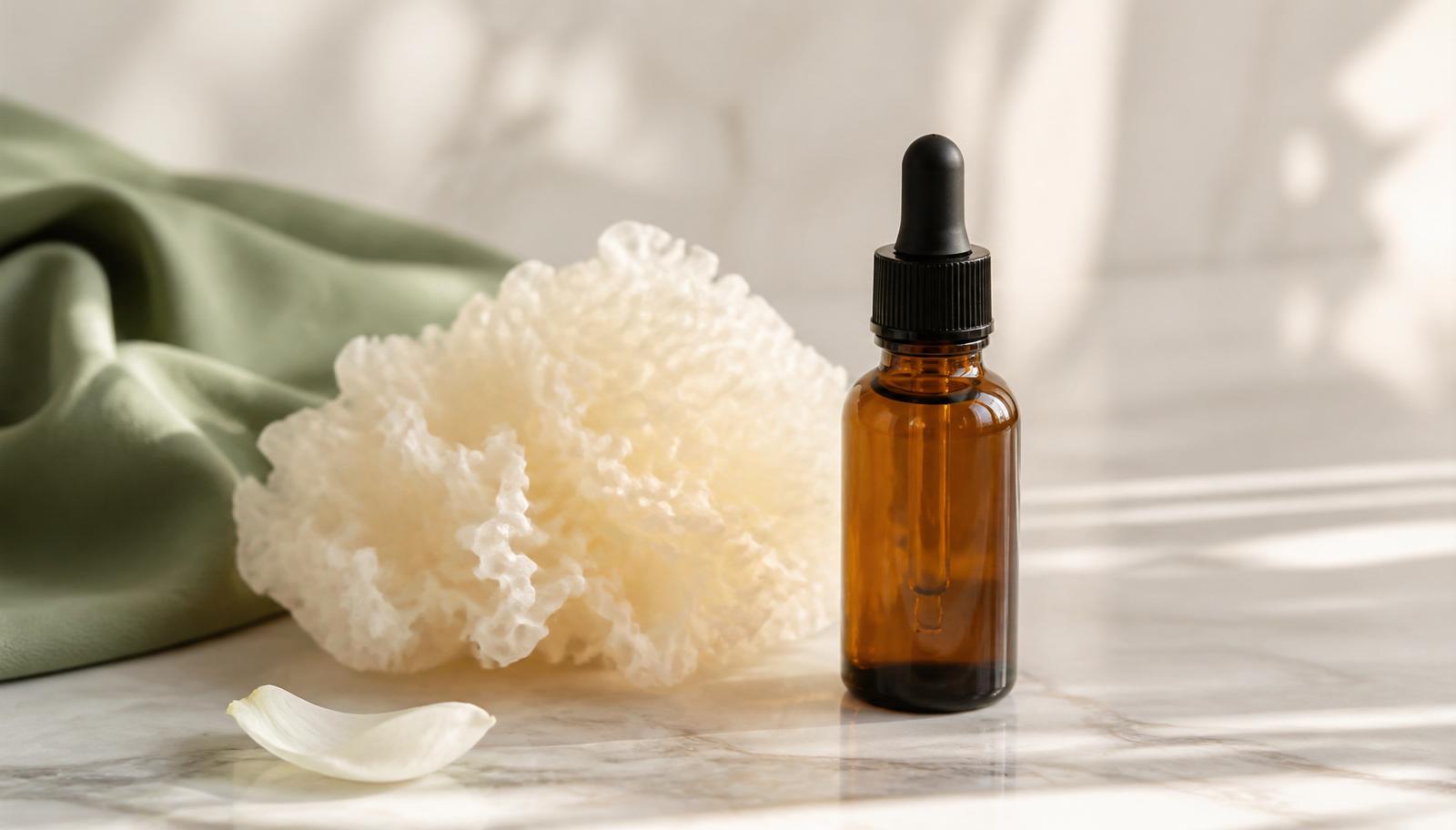 Tremella blanca (hongo de nieve) junto a un frasco de sérum sobre mármol